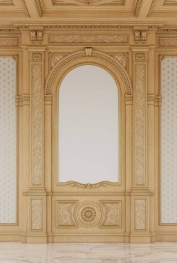 Ahşap tavana sahip oyulmuş ahşap paneller. 3B işleme