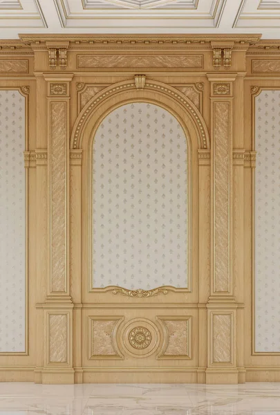 雕刻木质面板,带木制天花板。3d 渲染 — 图库照片