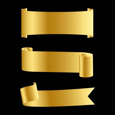 Siyah Arkaplanda izole edilmiş Altın Kurdele kümesi, Vektör illüstrasyonu