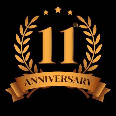 11. altın yıldönümü logosu, Laurel Çelengi ve Altın Kurdele Vektör İllüstrasyonu