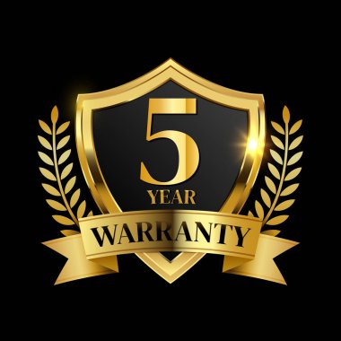 5 year warranty logo with golden shield and golden ribbon.Vector illustration. clipart