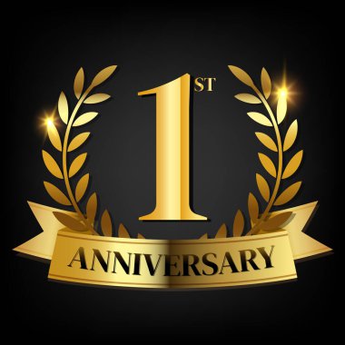 Birinci altın yıl dönümü logosu, Laurel çelengi ve altın kurdeleli, logonun sembolü kutlama ve yıldönümü hakkında makara yap.