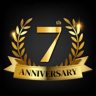 7. Altın Yıl dönümü logosu, Laurel Çelengi ve altın kurdeleli, logonun sembolü kutlama ve yıldönümü hakkında makara yap.