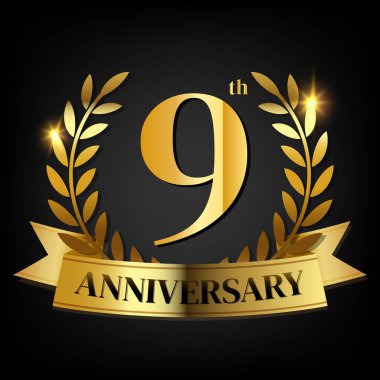 9. Altın Yıl dönümü logosu, Laurel Çelengi ve altın kurdeleli, logonun sembolü kutlama ve yıldönümü hakkında makara yap.