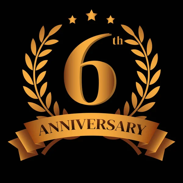 Altıncı Altın Yıl Dönümü Logosu Laurel Çelengi Altın Kurdele Vektör — Stok Vektör