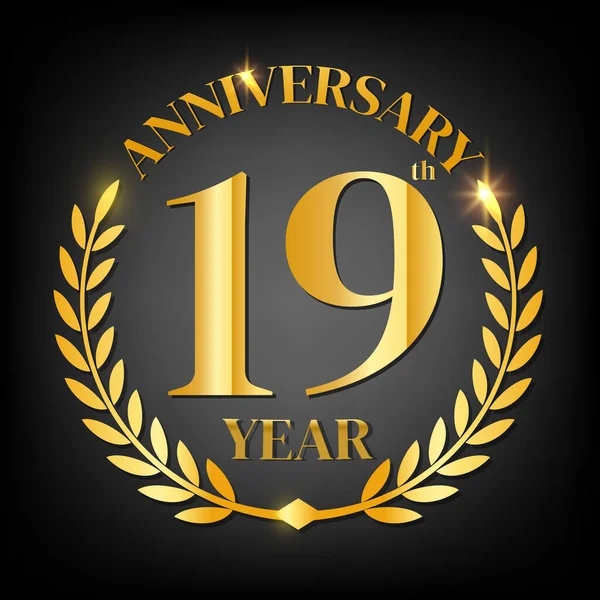 Logo Del 19º Aniversario Oro Con Corona Laurel Cinta Dorada — Archivo Imágenes Vectoriales