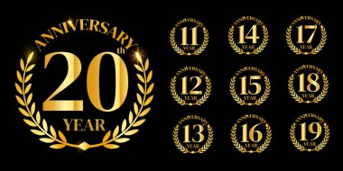 Altın yıl dönümü logosu seti, vektör altın numaralar. 11, 12, 13, 14, 15, 16, 17, 18, 19, 20, logo tasarımı. vektör illüstrasyonu