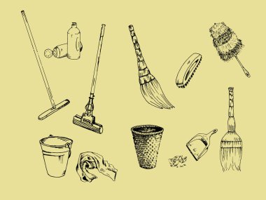 el çizilmiş temizlik araçları seti, süpürgeler, fırçalar, paspas, çöp kutusu vb.