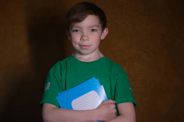 Retrato de un niño rubio de nueve años con una camiseta verde sobre fondo marrón con pocos cuadernos azules. educación en el hogar —  Fotos de Stock