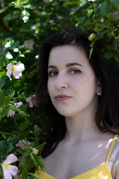 Aantrekkelijke jonge brunette in geel t-shirt. In een struik vol bloemen. kopieerruimte. — Stockfoto