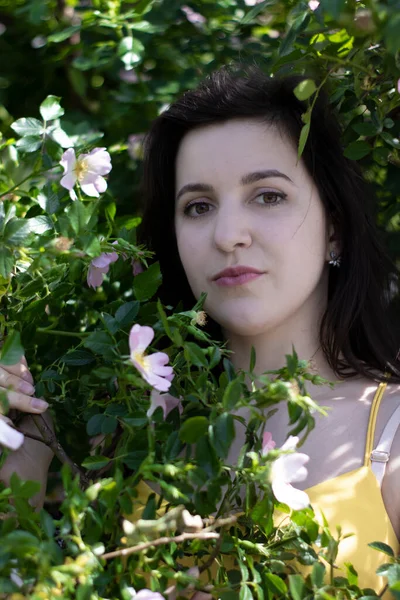 Aantrekkelijke jonge brunette in geel t-shirt. In een struik vol bloemen. kopieerruimte. — Stockfoto