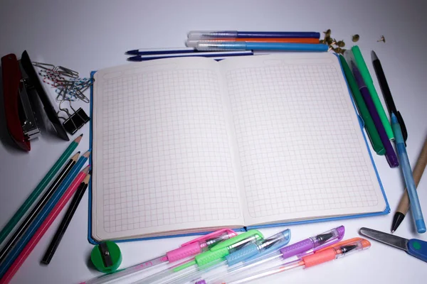 Schriften, pennen, potloden, viltstiften, paperclips. briefpapier concept. kopieer ruimte. geïsoleerd — Stockfoto