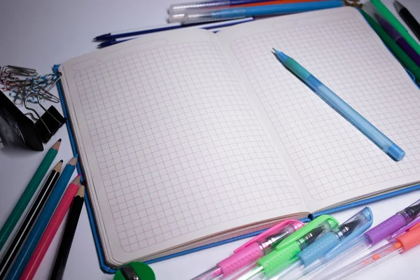 Schriften, pennen, potloden, viltstiften, paperclips. briefpapier concept. kopieer ruimte. geïsoleerd — Stockfoto