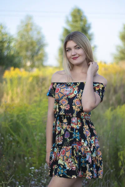 Overlight retrato brilhante de uma loira atraente encantadora em vestido florido no campo — Fotografia de Stock