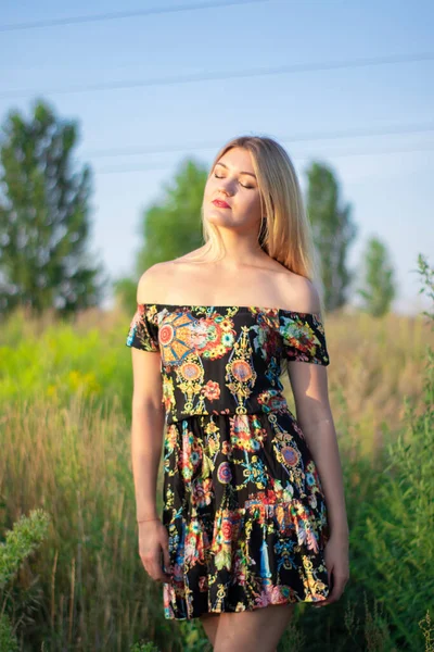 フィールド内の花のドレスの魅力的なブロンドの明るい肖像画 — ストック写真