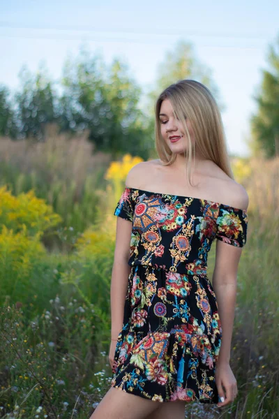 Overlight retrato brilhante de uma loira atraente encantadora em vestido florido no campo — Fotografia de Stock