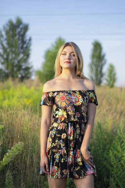 Overlight retrato brillante de una encantadora rubia atractiva en vestido de flores en el campo —  Fotos de Stock