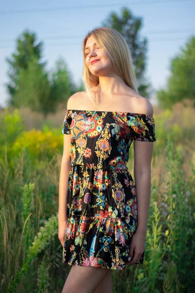 Açık renkli parlak bir portre. Tarlada çiçekli elbisesi olan çekici bir sarışın. — Stok fotoğraf