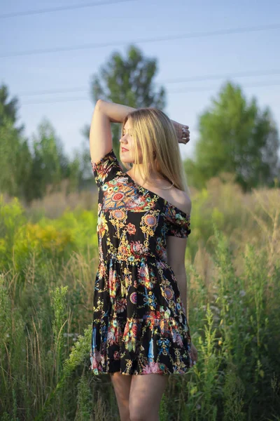 Overlight retrato brilhante de uma loira atraente encantadora em vestido florido no campo — Fotografia de Stock