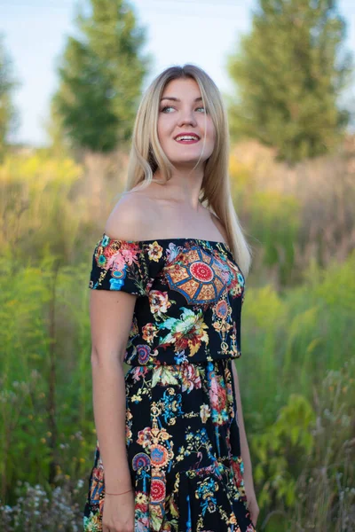 Overlight retrato brillante de una encantadora rubia atractiva en vestido de flores en el campo — Foto de Stock