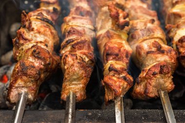 Et ve soğan metal mangal sıcak kömür tam üstüne birkaç metal şiş üzerinde sadece kavrulmuş sıcak parçalarının kapatın. Bu mangal ve piknik denilen şaşlık çanağı ve birçok ülke için geleneksel. Seçici odak.