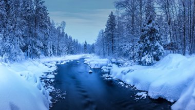 Kış Lapland yatay akan nehir ve orman karla kaplı. Nehir, derin el değmemiş beyaz kar. Fantastik buz ve frost doğal dekor su üzerinde dallar. Uzun pozlama ile Panorama.