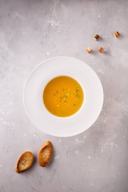 Beyaz şapka tabağında doğranmış yeşil soğan, biraz kızarmış ekmek ve tavuk buğlonu. Düz gri desenli gri taş zemin üzerinde yatıyordu. Uzayı kopyala Sağlıklı beslenme ve beslenme kavramı.