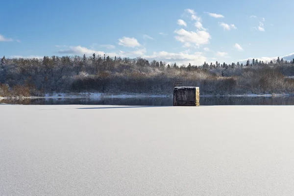 Paisaje Invernal Lago Con Una Presa Primer Plano Contra Bosque —  Fotos de Stock