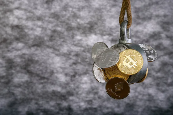 Criptomoneda Monedas Recuerdo Litecoin Bitcoin Ethereum Son Capturados Por Imán —  Fotos de Stock