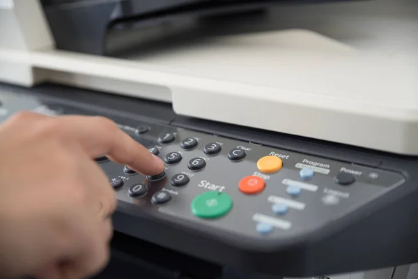 Office Worker Works Multi Function Device Sets Number Copies Print — Stock Photo, Image