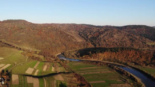 Vista aérea del dron: montañas otoñales con bosques y ríos, prados y colinas en la luz suave puesta de sol. Montañas Cárpatos, Ucrania — Vídeo de stock