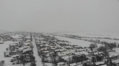 Kış kırsal manzara, kar yağışı. Yumuşak bir uçuş dümdüz, 4k