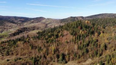 Havadan görünümü Karpat Dağları ve orman. Köy Dağları arasında. Pürüzsüz sinek ileri