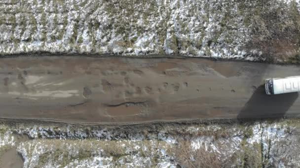 Bus Passengers Moving Broken Road Countryside Top View Winter Time — Stock Video