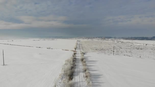 Vista aérea del campo, paisaje invernal. Técnica de vuelo suave hacia atrás — Vídeo de stock