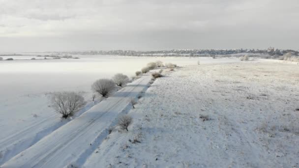 Luftaufnahme des ländlichen Raums, Winterlandschaft. Das ukrainische Dorf ist weit weg. Technik des sanften Aufstiegs — Stockvideo