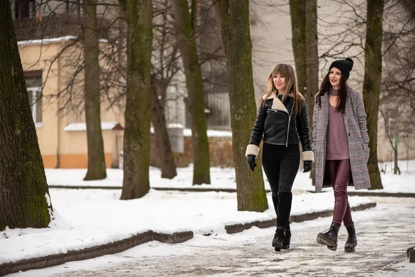 Twee Jonge Stijlvolle Vrouw Loopt Besneeuwde Winter Park Positieve Emoties — Stockfoto