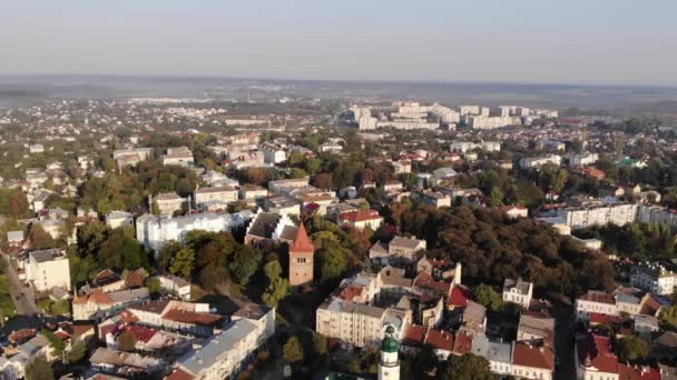 Flygfoto Över Drohobytj Ukraina Staden Nio Tunnor Salt Arkitektur Stadshuset — Stockvideo