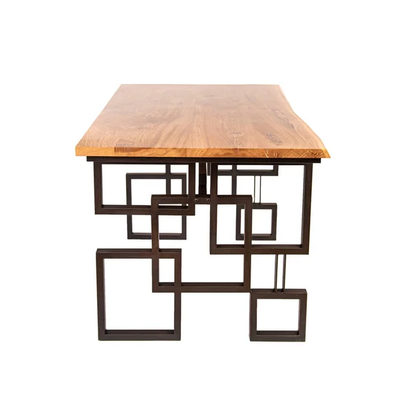 Modern stylish table in Loft style: wooden oak cover and geometric metal base in black matte color. Isolated on white with clipping path — Stok fotoğraf