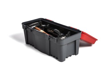 Beyaz arka planda çalışma araçlarıyla araç kutusu. DIY teması