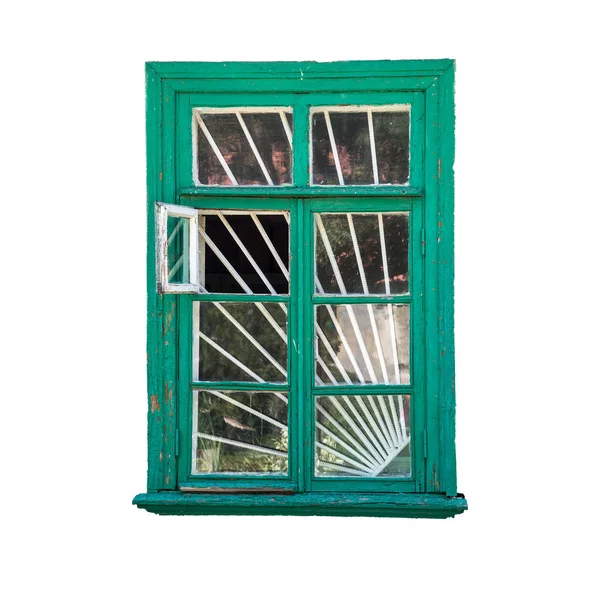 レトロな木製の窓、緑色、白い背景に隔離w — ストック写真