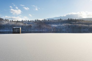 Kış manzarası, orman ve mavi bulutlu gökyüzü, güzel doğası, Ukrayna, ön planda bir baraj gölü