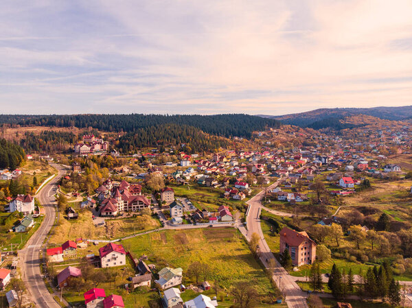 Aerial drone view of Skhidnytsia popular healing spa resort in Carpathians, Ukraine. Balneological resort with mineral springs.
