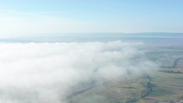 Matin ensoleillé et brumeux à la campagne. Beau temps au début de l'automne. Paysage aérien de drones, voler dans la brume — Video