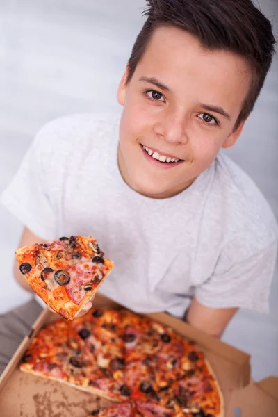 Young Teenager Boy Sitting Floor Box Pizza Smiling Taking Slice — Stock Photo, Image