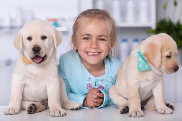 Roztomilá Dívka Její Rozkošná Štěňátka Labrador Veterinární Skupinový Portrét Širokým — Stock fotografie