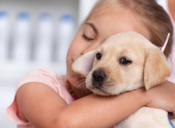 小さな女の子が彼女の新しい子犬を抱いて感情的な取得彼女は動物シェルター クローズ アップで拾い — ストック写真