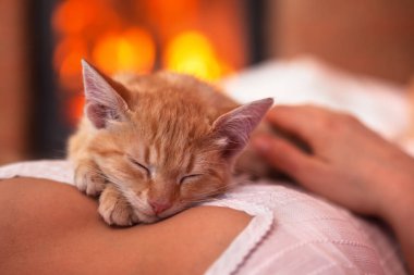 Şirin zencefil yavru kedi zevk sahibi ile rahatlatıcı - şömine, closeup önünde kadın göğsünde uyuyan