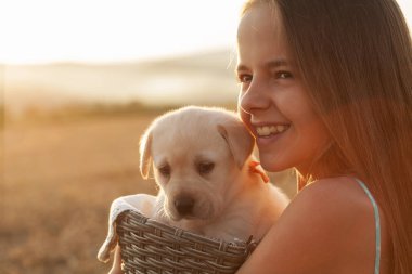 Küçük yavru köpeğini sepete koyup neşeli bir gülümsemeyle gün batımını seyreden mutlu bir kız.