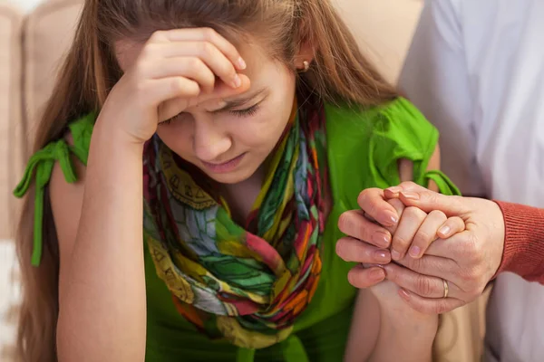Woman Counselor Doctor Hands Conforting Troubled Sad Teenager Girl Holding — Stock Photo, Image